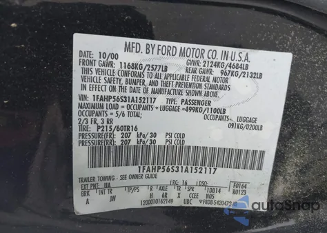 2001 Ford Taurus Sel z USA, uszkodzony, nr VIN 1FAHP56S31A152117